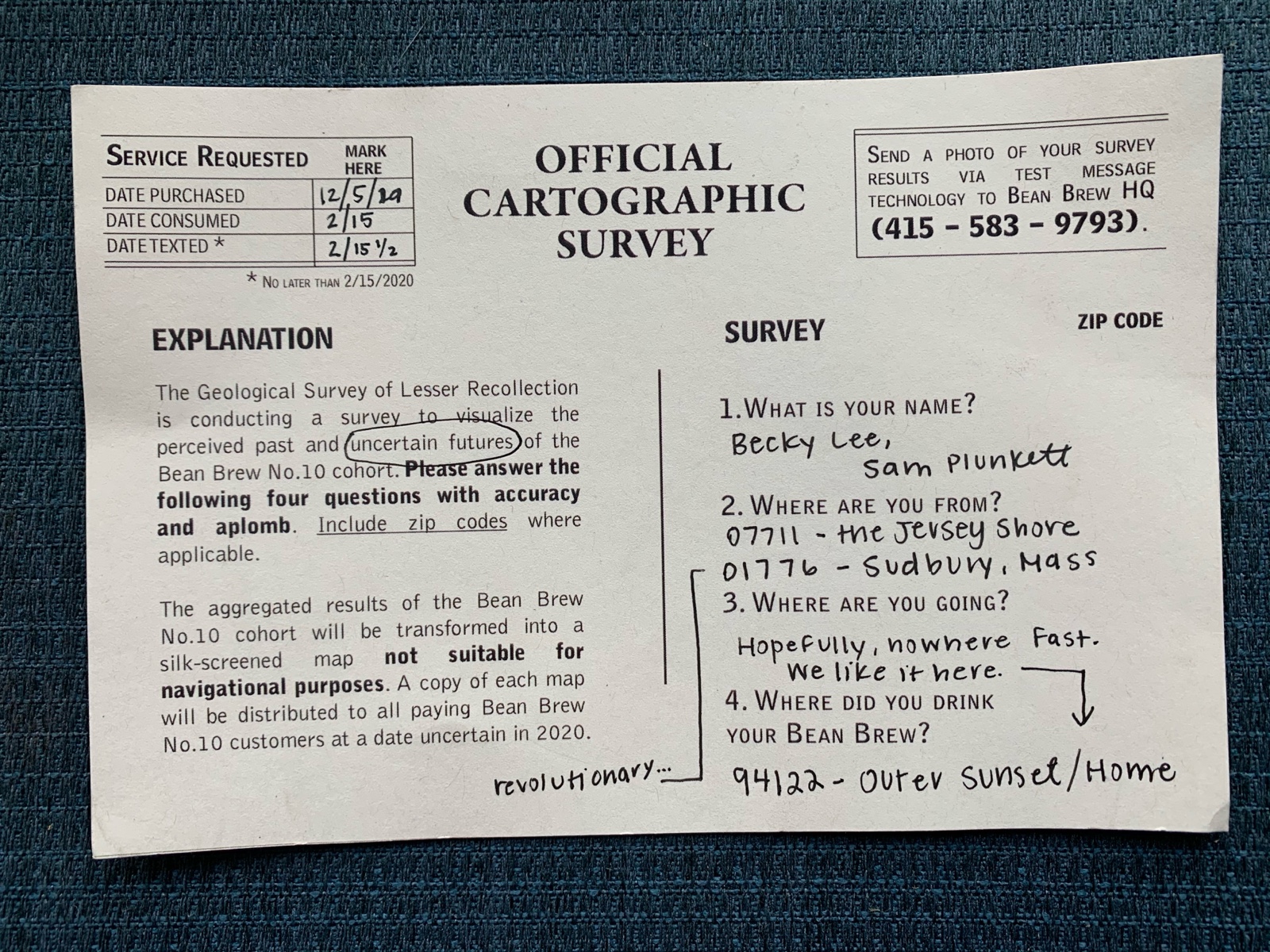 A returned Bean Brew No.10 survey card