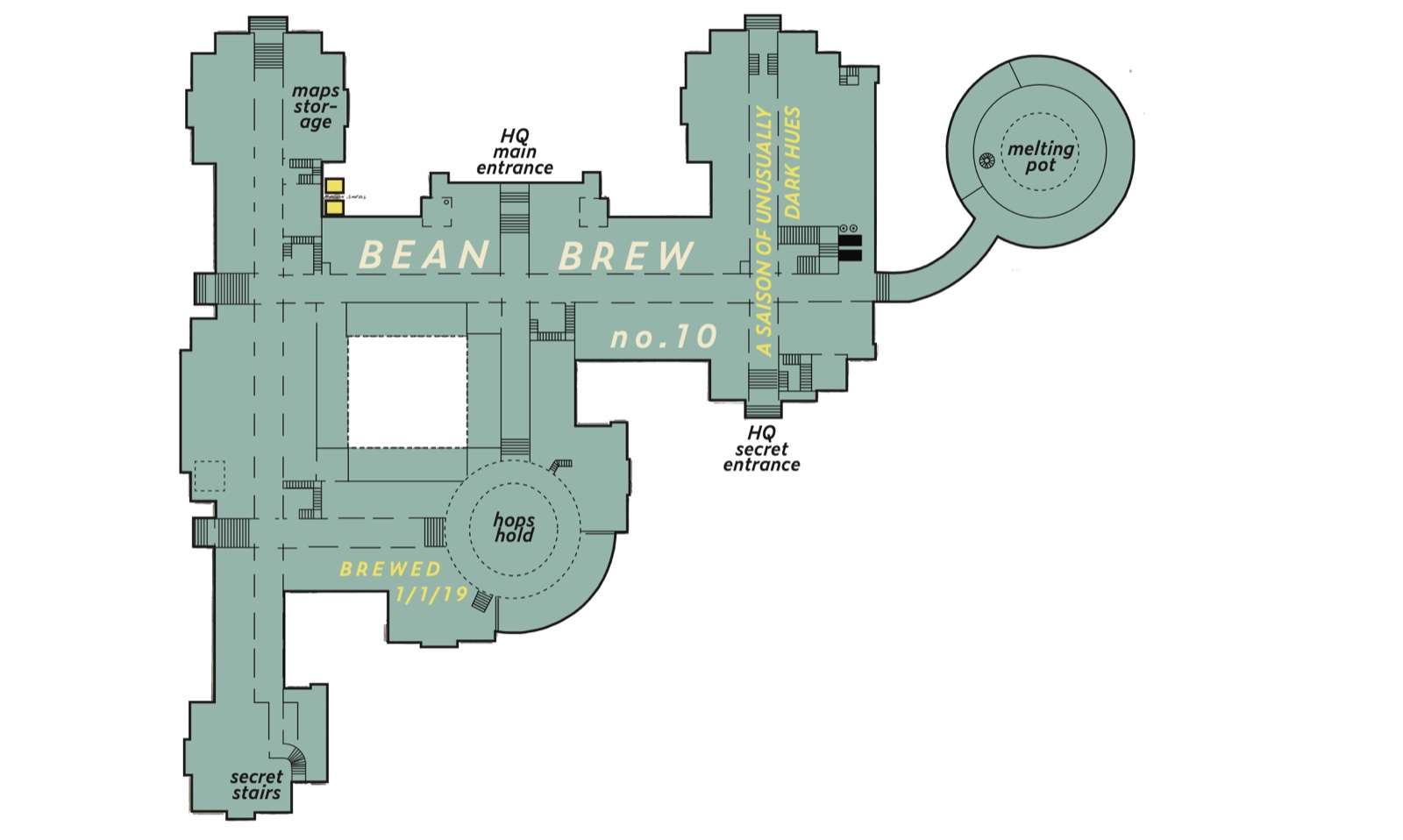 Bottle label, front: a floor plan of Bean Brew HQ