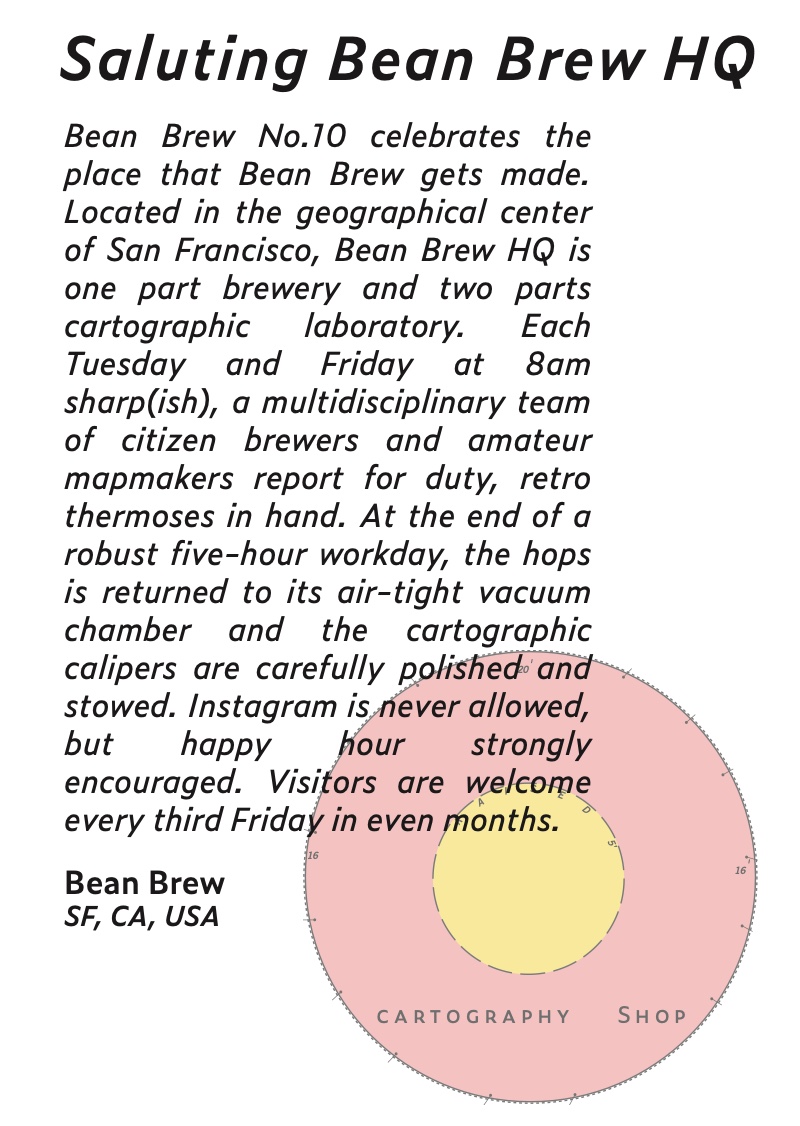 Bottle label, back: Saluting Bean Brew HQ
