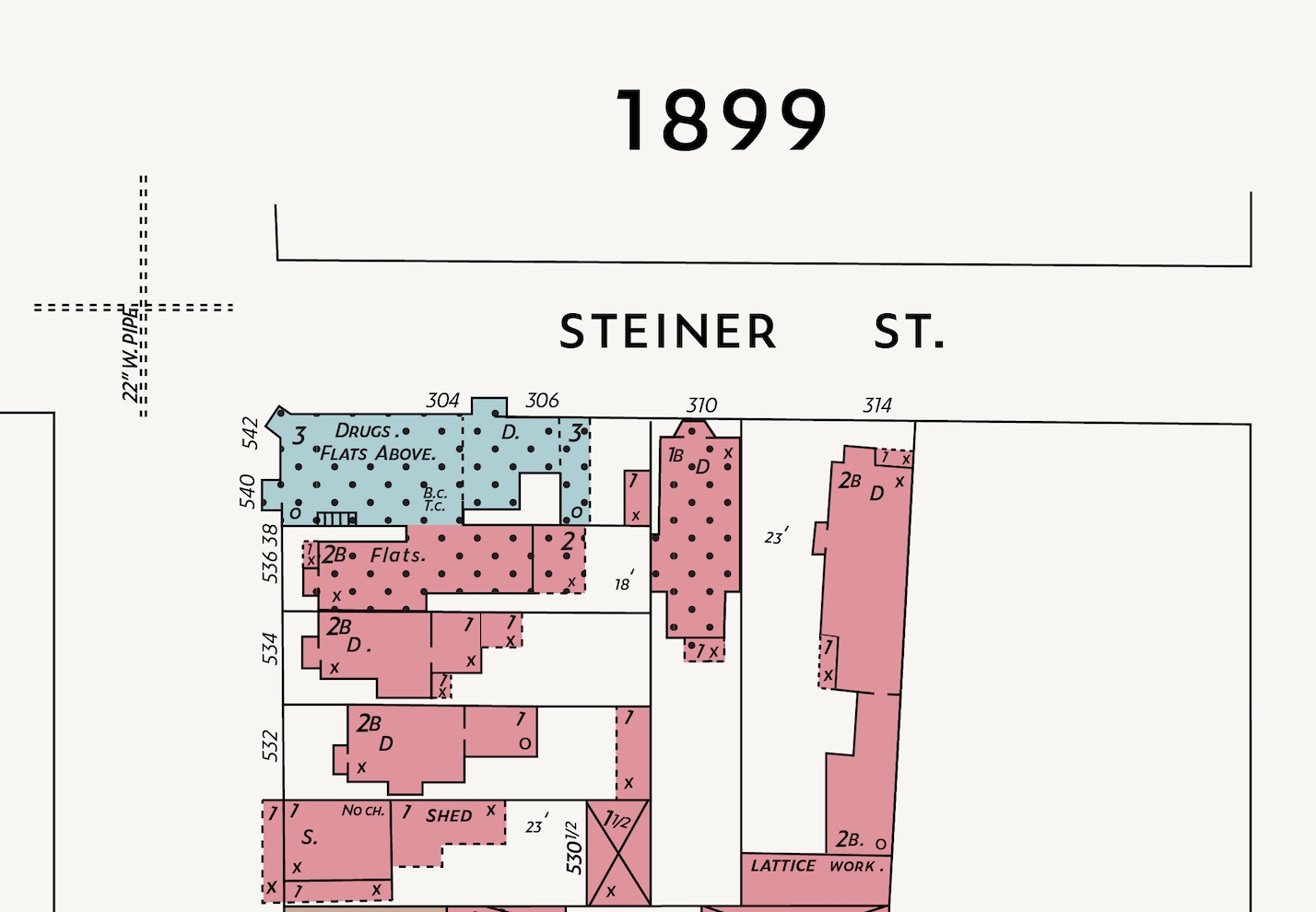 The buildings in polka dot are the few that were present in 1899...