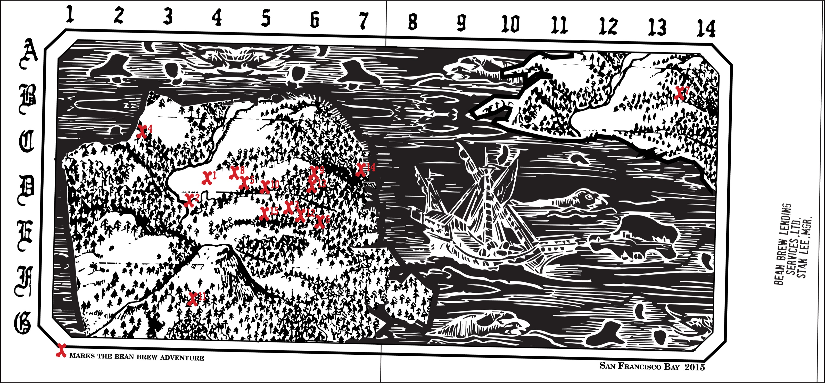 The pirate map depicting Bean Brew drinking locations.