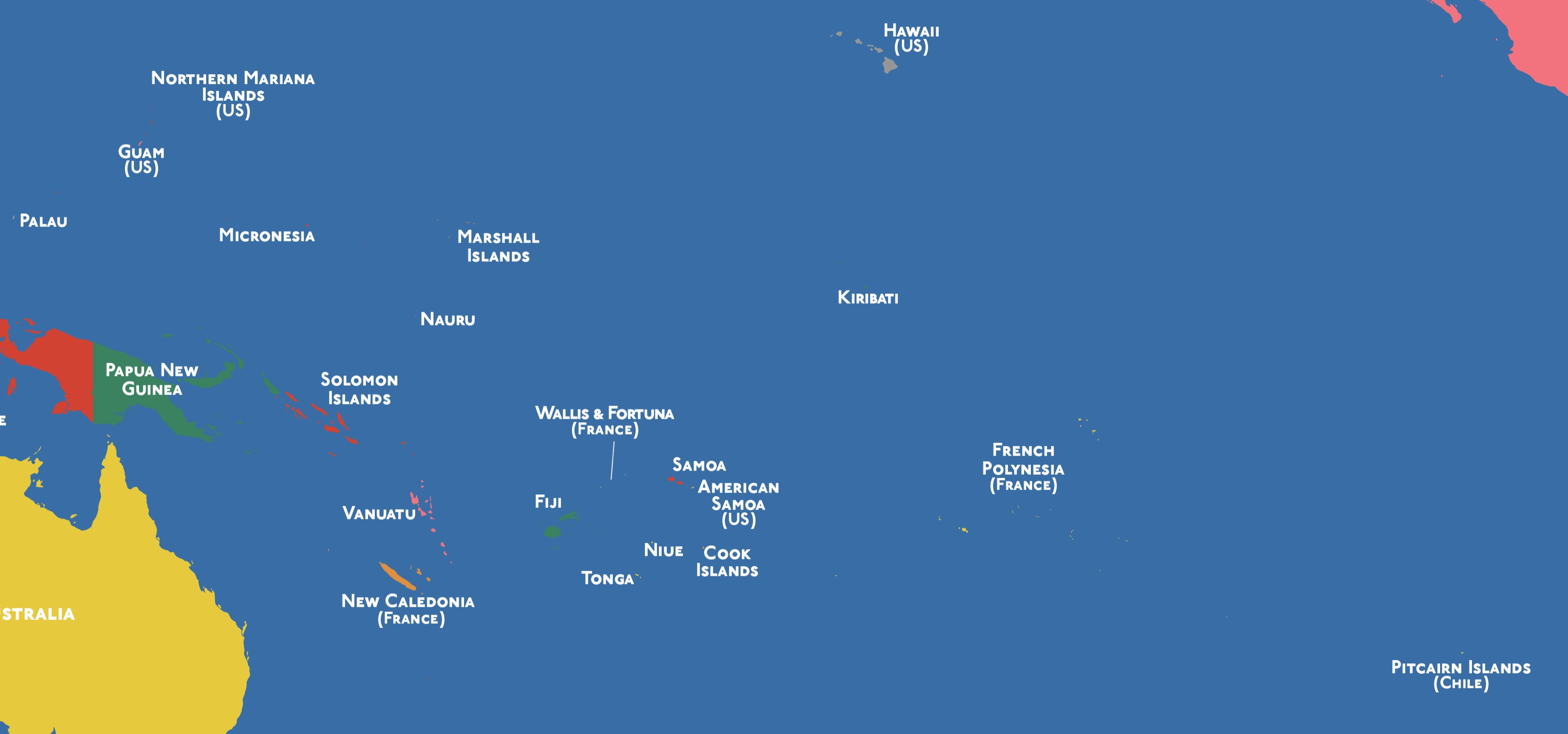 I became lost in mapping the South Pacific, where many of these island nations are so small they don't actually appear on a world map at this scale.