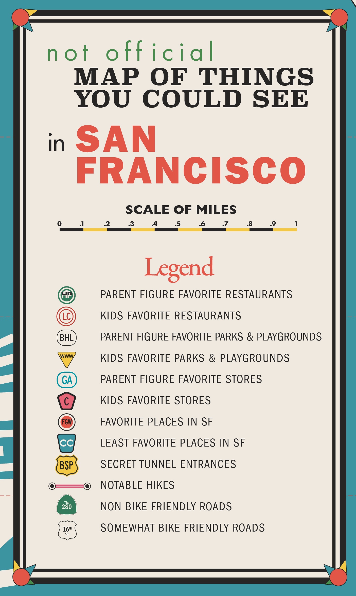 The legend, inspired by 1970s roadtripping maps.