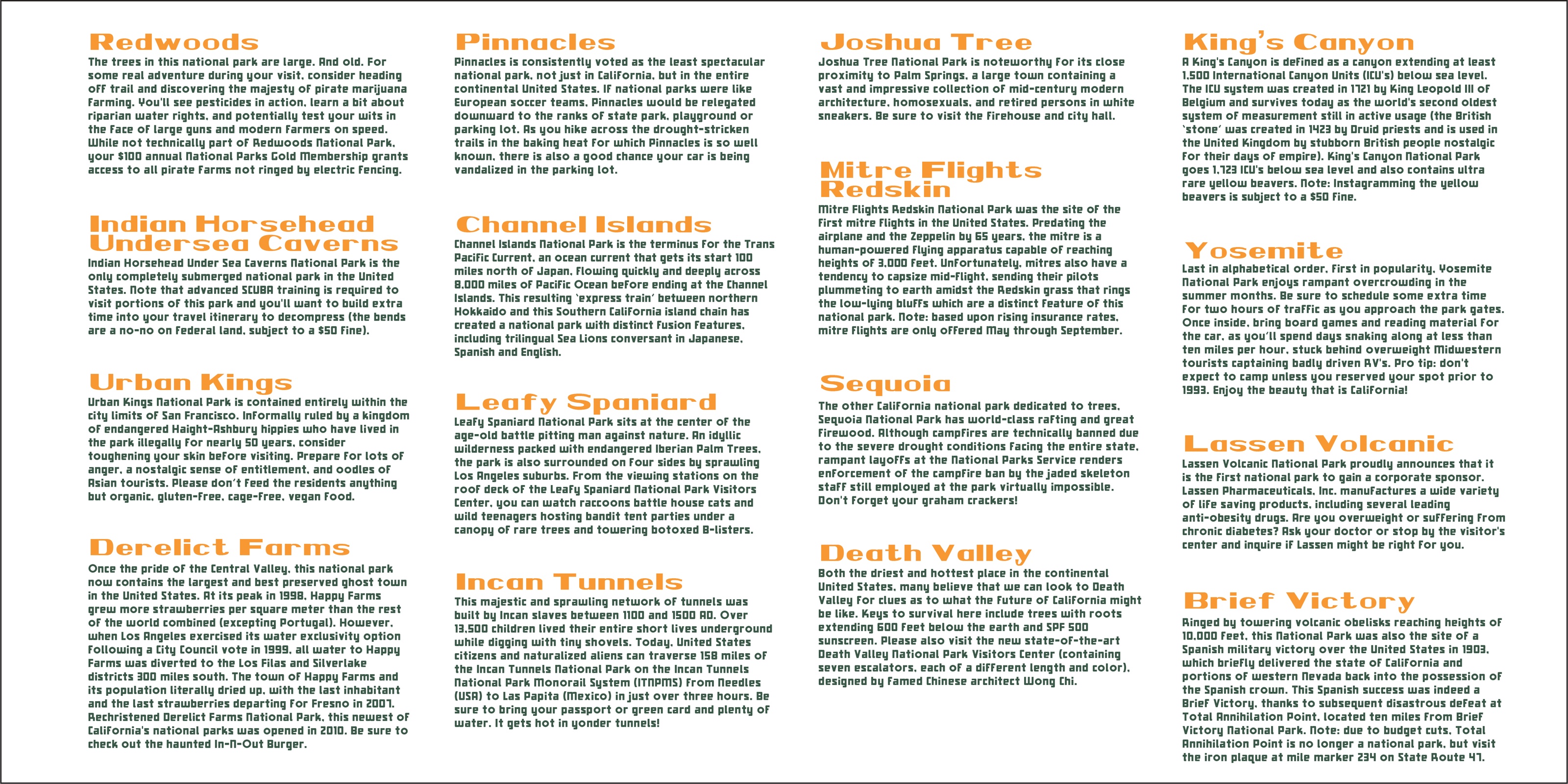 The National Park write-ups are 100% fictional. But humorous, I hope.